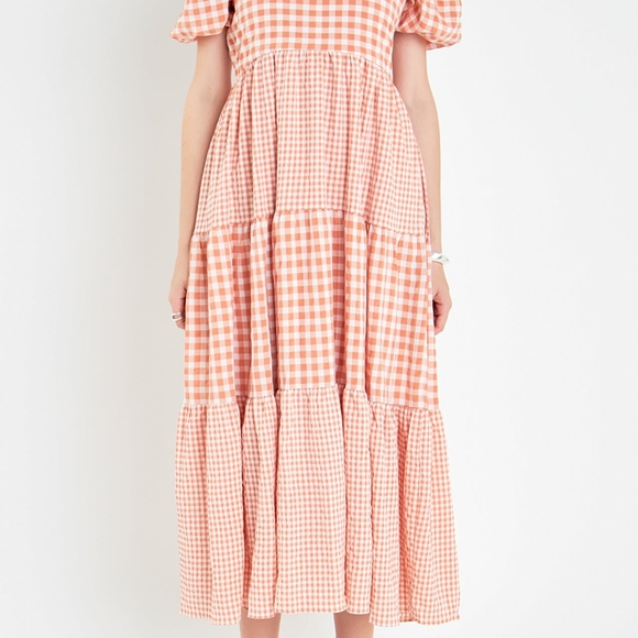 Gingham Puff Sleeve Midi Dress - Pink - Picture 3 of 5